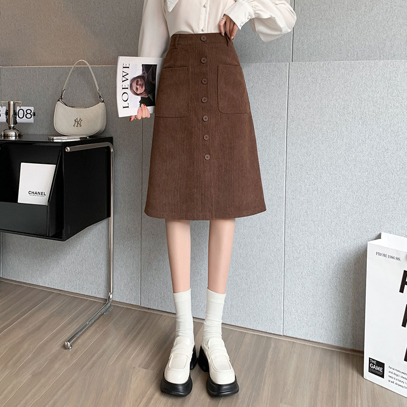 Kabel Röcke Frauen Herbst Winter Taschen bequeme Persönlichkeit Damen alle-Spiel Jahrgang Harajuku zarte schicke Knöpfe Temperament: XXL / Beige