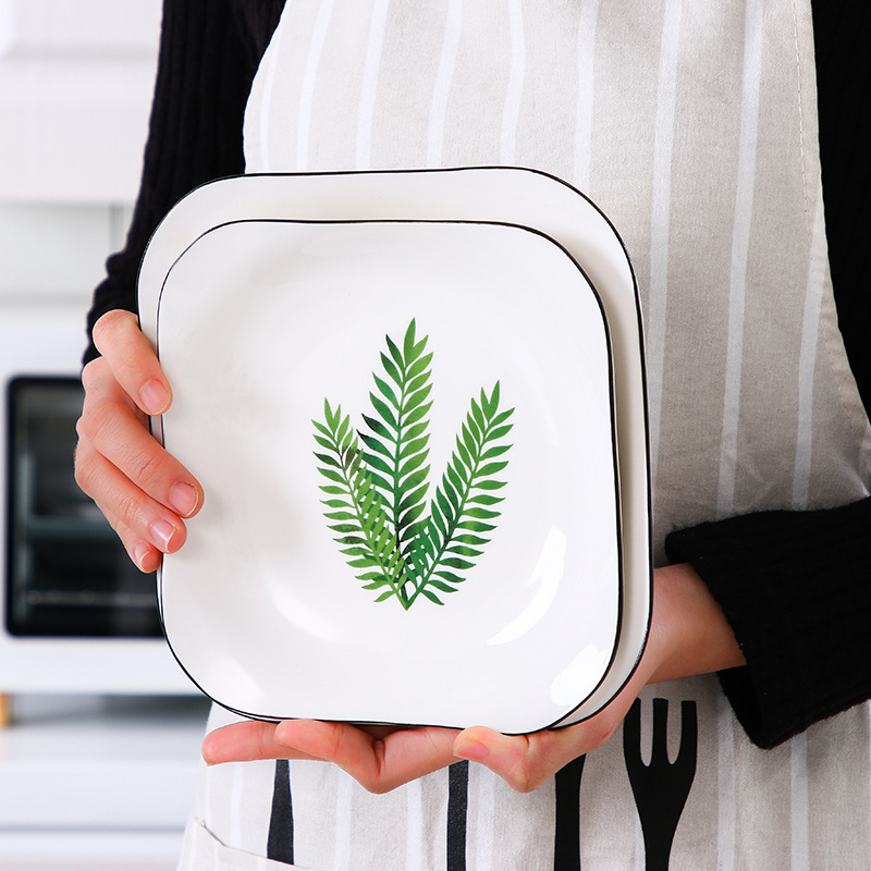 Vierkant porseleinen bord, cactus, dessertbord, broodbord, fruitsaladebord, scandinavisch ontbijtbord, botervloot, keukenservies