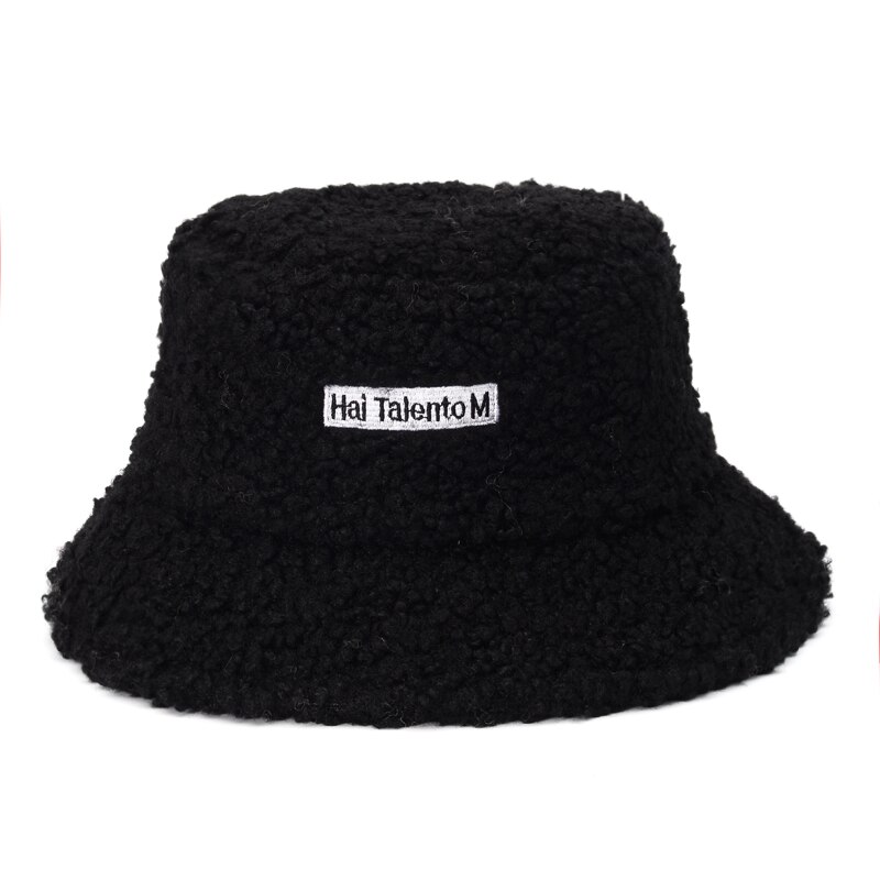 Bamse lam faux pels spand hat fortykket varm vinter hatte til kvinder fløjl cap dame bob panama udendørs plys fisker hat: Sort