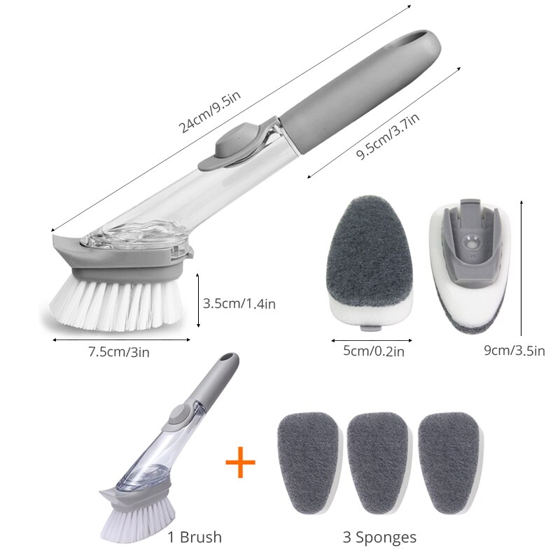 KONCO Handheld Keuken Borstel Set met Zeep Container Dispenser, 4 Vervangbare Zeep Doseren Gootsteen Borstel voor Pan, pot