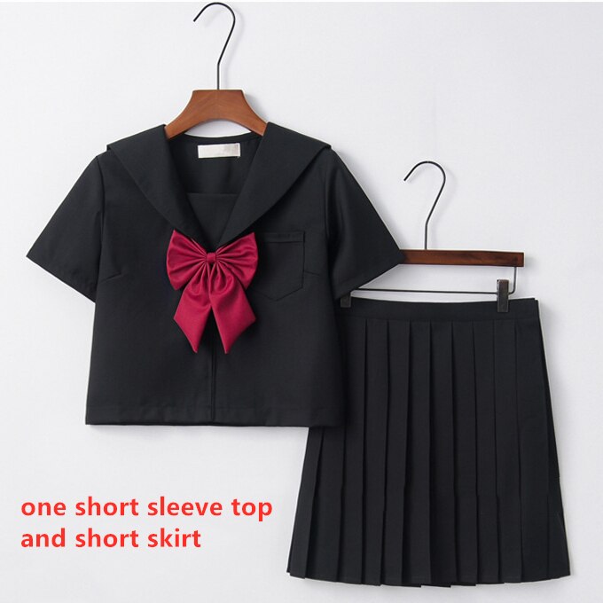 Japanese School Uniform Kansai Bad Black Suit for Students JK Kawaii Sailor Collar Bow High School Top Long Pleated Skirt Set: Set1 / L