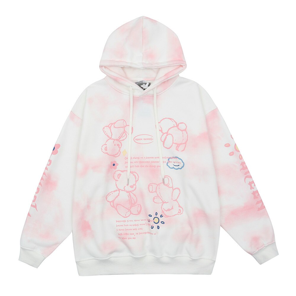 UNCLEDONJM Tie Dyed Bear Fleece Hoodie Sweatshirt Men Harajuku Streetwear Hooded Pullover Cotton Autumn Loose Hoodie GRE-HM1095: Pink / M