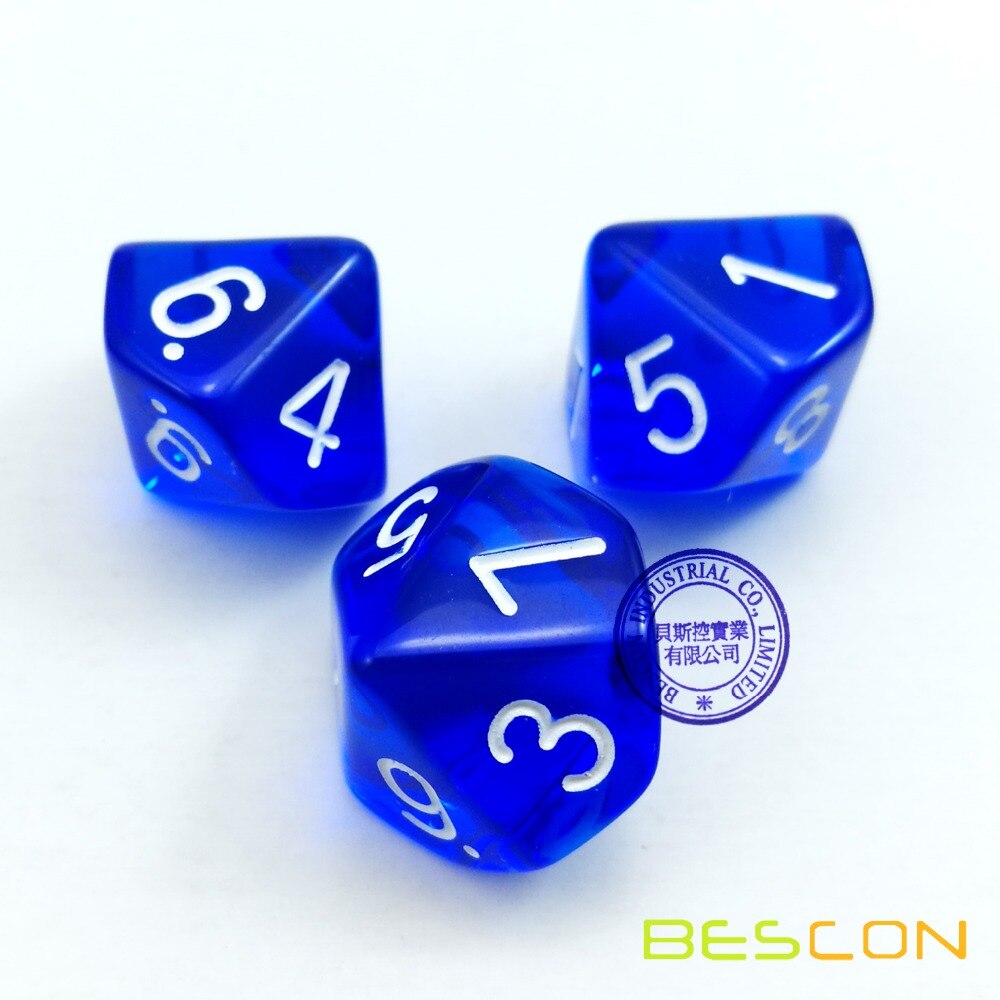 Bescon Polyhedral 10 Zijden Dobbelstenen Met Nummer 1-10, Blauw Transparant 10 Zijdige Dobbelstenen, 10 Zijden Cube 1-10, 10 Stuks Set