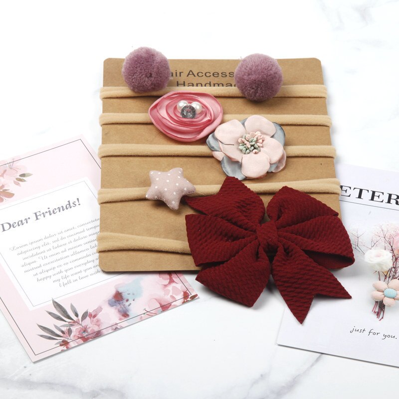 5 pçs/set bebê meninas headbands bonito flor arcos elástico náilon faixa de cabelo acessórios para o cabelo doce princesa bebê bandana: Wine Red