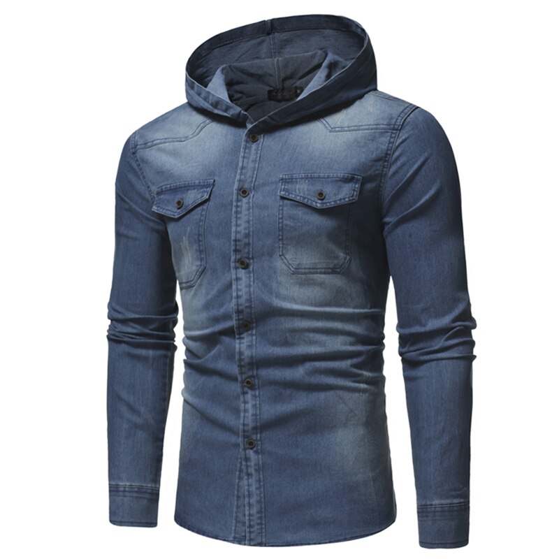 Spring Wash Denim Shirt Men Long Sleeve Hooded Jeans Shirt Men Casual Slim Fit Shirt