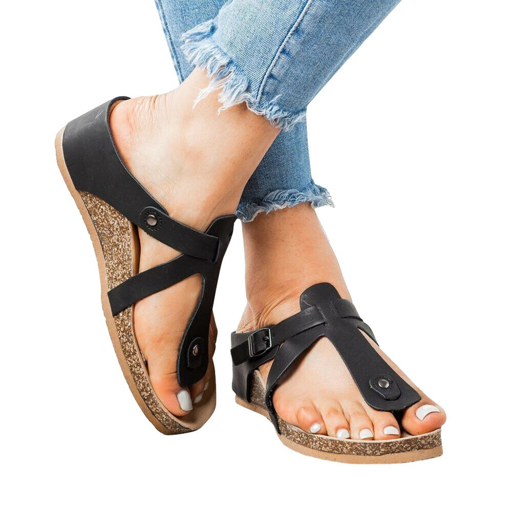 Women Summer T-Strap Cork Sandals Soft Footbed Sandals Shoes Women Slippers Flat Sole Casual Soft Big Toe Foot Sandal: Black / 42