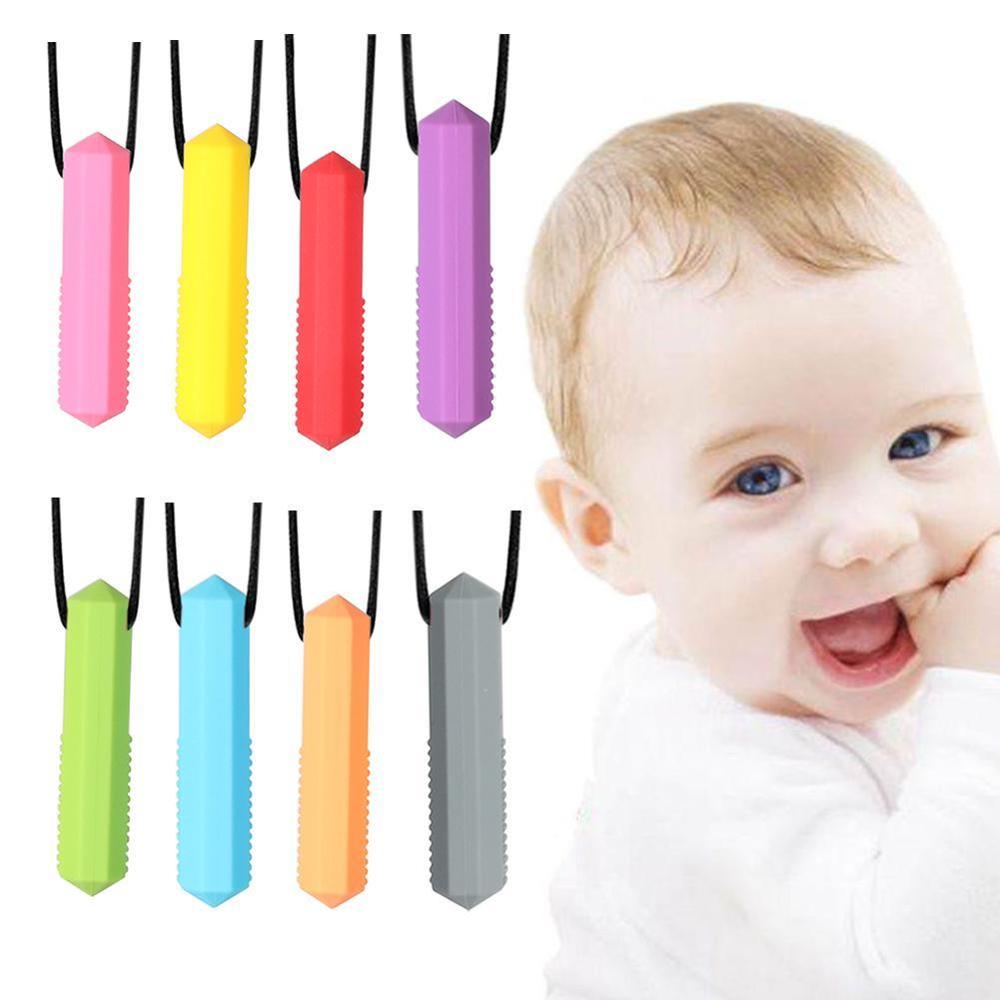 8 colores de silicona de bebé los niños autistas sensorial de dije mordedor collar Molar palo morder Juguetes