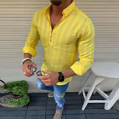 Heren t-shirt met lange mouwen en halve rits, slim fit blouse, tops en shirts: Geel / Aziatisch -3xl us-xl