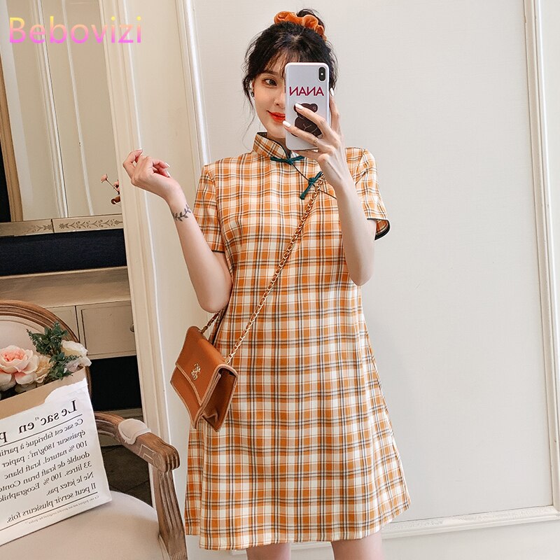 Plus Size M-4XL Yellow Check Loose Modern Cheongsam Dress Women Short Sleeve Qipao Traditional Chinese Clothes