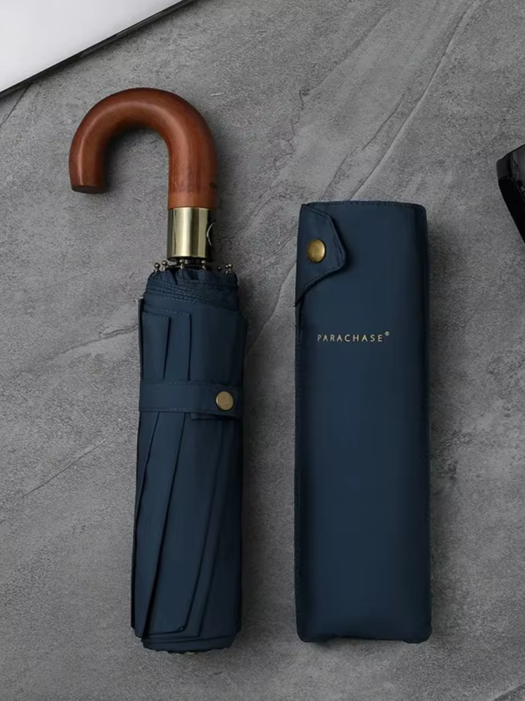 Parachase luxo guarda-chuva de madeira masculino estilo negócios dobrável guarda-chuva automático tamanho grande guarda-chuva golfe à prova vento forte 10 costelas: Azul