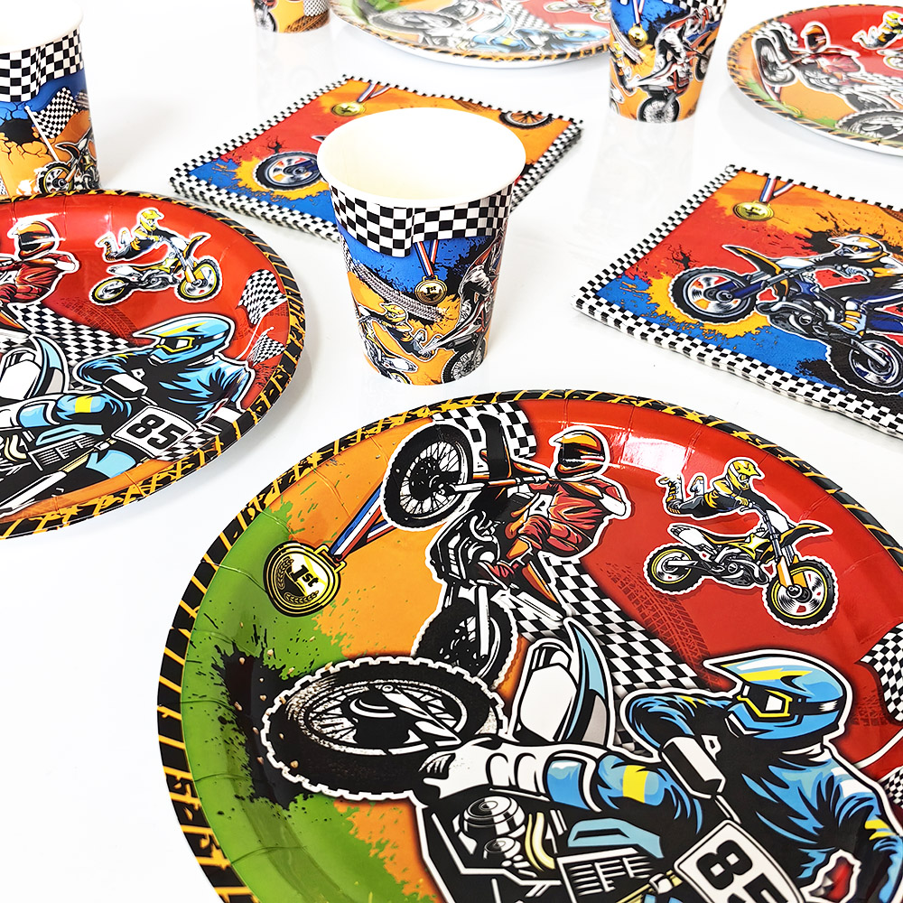 Motor Cross Party Disposable Tableware Paper Plates Cups Napkins Dirt Bike Party Supplies Kids Motorcycle Birthday Party Decor