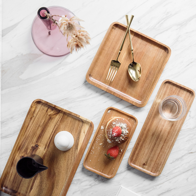 Platos de Acacia para comida, vajilla de madera de 4 tamaños, para servir, vajilla Rectangular completa, 24 piezas, juego de platos para comedor