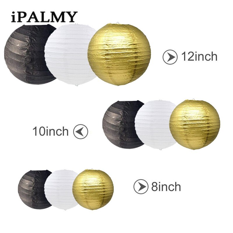 Ipalmay Goud Zwart en Wit Opknoping Ronde Papieren Lantaarns 8-10inch voor Wedding Baby Shower Evenementen Verjaardagsfeestje indoor Outdoor