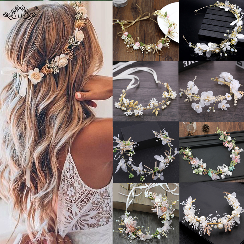 Brud bryllup hår tilbehør smukke blomster pandebånd flettet hår vin perle hovedstykke hår ornament til kvinder piger
