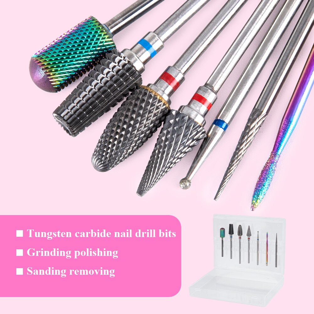 Nagel Boor Set 7Pcs Voor Acryl Nagels 3/32 Elektrische Nail Bit Set Professionele Nagels Supply Carbide Nail Drill bits Voor Gel