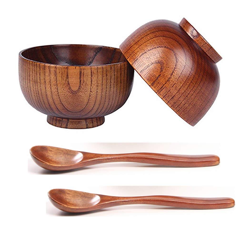 4 Stuks Houten Handgemaakte Kom En Lepel Voor Voor Rijst Miso Serving Home Keuken Servies