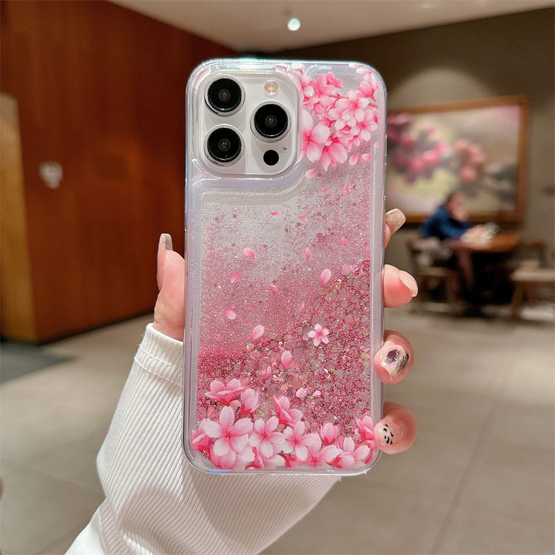 Ferskenblomst glitter kvikksanddeksel til iphone 16 15 14 13 pro max 16 pro mykt beskyttende dynamisk flytende mobiltelefondeksel: For iphone 14 pro max (6.7 ") / Beige