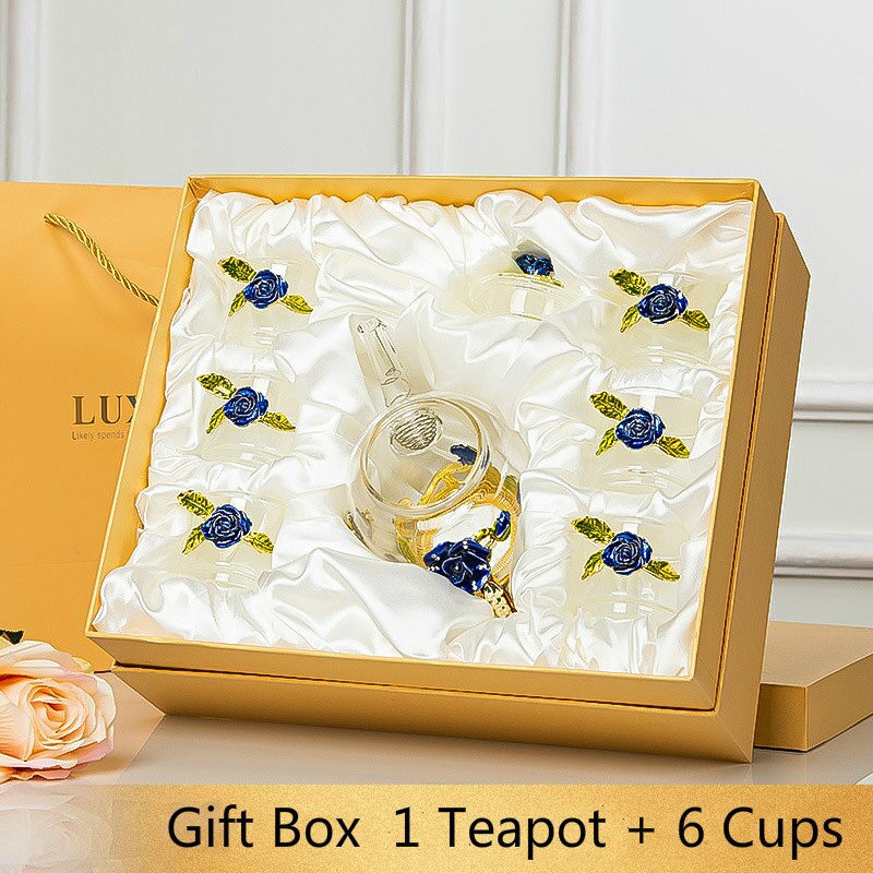Juego de té de cristal con esmalte de rosa roja, juego de tazas de vidrio para té con flores, tazas de vidrio para té para bebidas calientes y frías, juegos de té y la Oficina para el hogar,: 1Teapot 6cups Blue