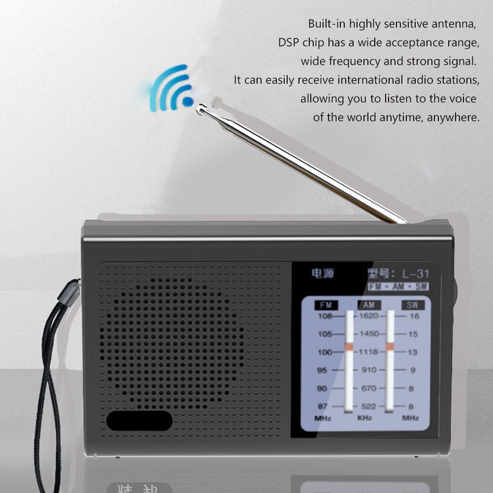 L-31 Mini Portable Full Band Radio Handheld USB Rechargeable FM AM SW Speaker Devices with Retractable Antenna 3.5mm Interface