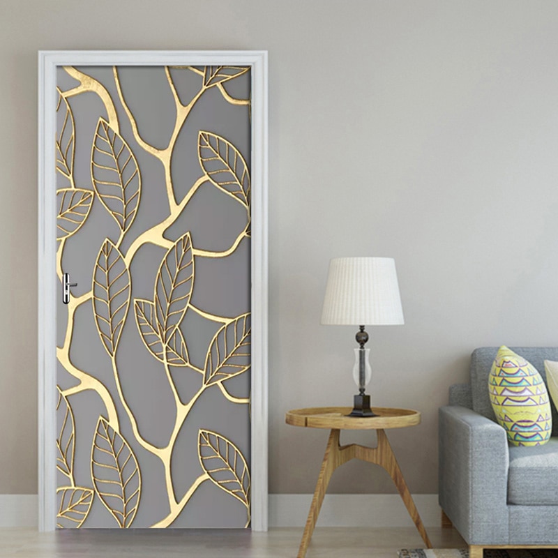 Adhesivo 3D de hojas doradas para puerta, pegatina de decoración para el hogar, papel tapiz autoadhesivo impermeable, Mural para renovación de Puerta del dormitorio