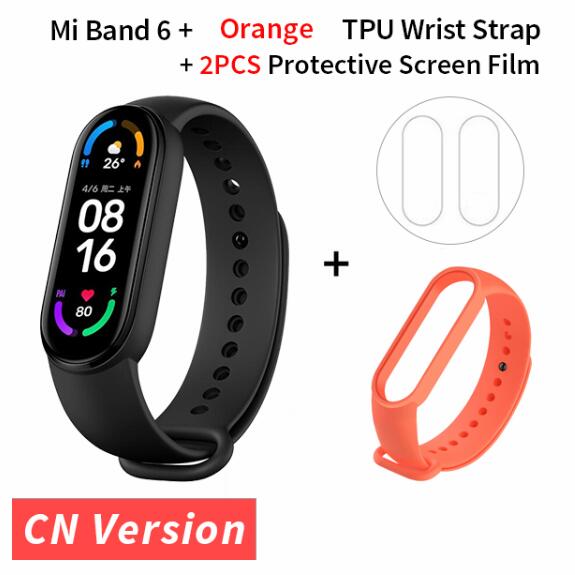 Original Xiaomi Mi banda 6 de oxígeno en la sangre de 1,56 ”AMOLED rastreador de ejercicios Monitor del ritmo cardíaco de la 5 Color inteligente pulsera Miband gota de 6: orange strap film