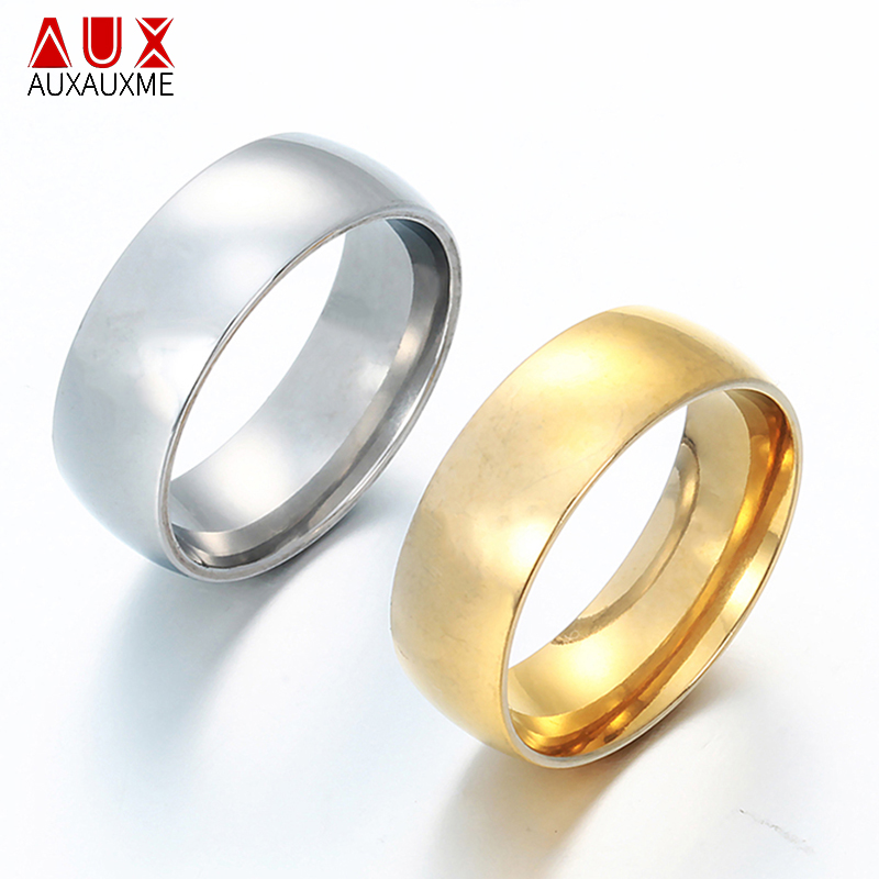 Auxauxme 8mm rustfrit stål skinnende poleret ring guld bryllup forlovelsesringe til mænd kvinder enkle smykker