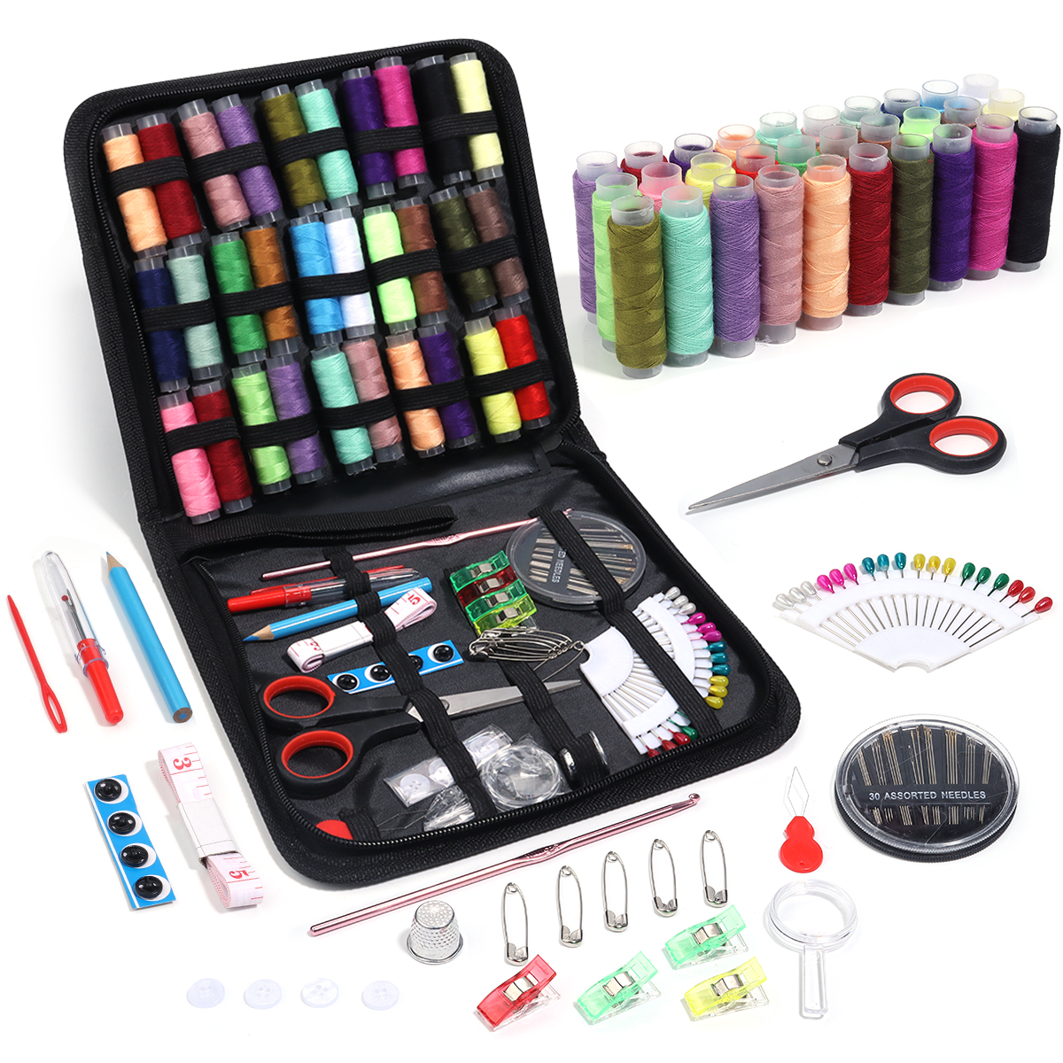 Kit de costura completo con hilos, agujas, tijeras, cinta métrica, botones, portátil, viaje, DIY, bordado, trabajo hecho a mano, conjunto de herramientas de costura