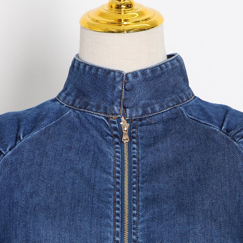 VGH-Camisa vaquera corta informal para mujer, blusa minimalista lisa con manga abombada y cuello levantado, Ropa nueva de para otoño