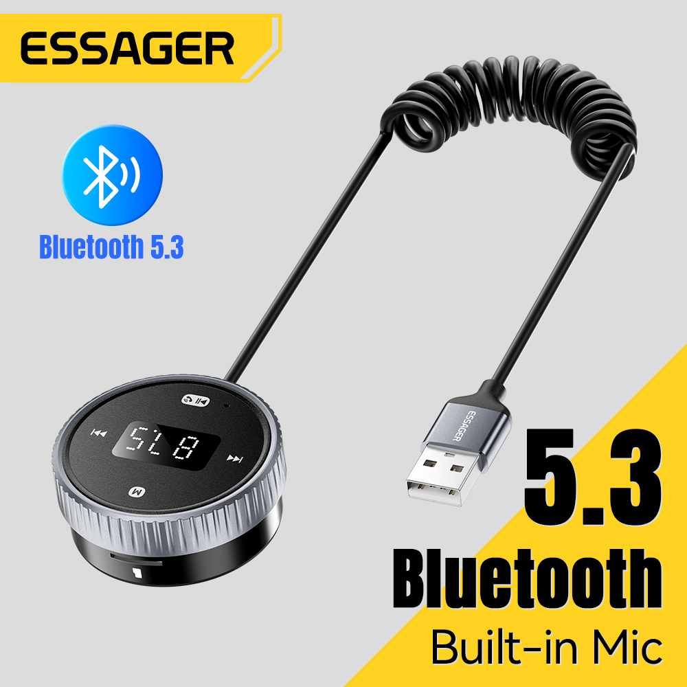 Essager Bluetooth 5.3 FM-Sender 3,5 mm AUX-Buchsen für Audio--Musikempfänger, integriertes Mikrofon, Freisprecheinrichtung, LED-Anzeige, unterstützt TF-Karte