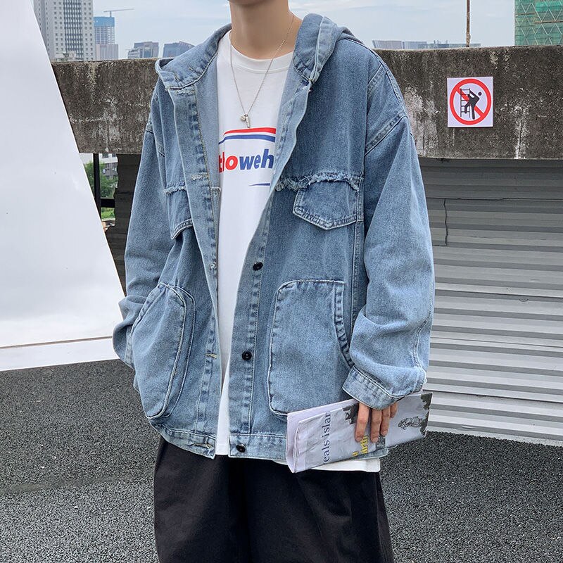 Autumn Hooded Denim Jacket Men's Retro Casual Thick Denim Jackets Mens Streetwear Loose Hip-hop Bomber Jacket Men M-2XL