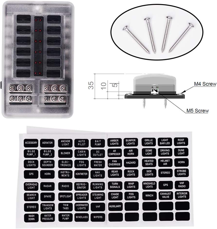 12-Way Fuse Block W/Negative ATC/ATO Fuse Box With Ground, LED Light Indicator & Protection Cover, Bolt Connect Terminal