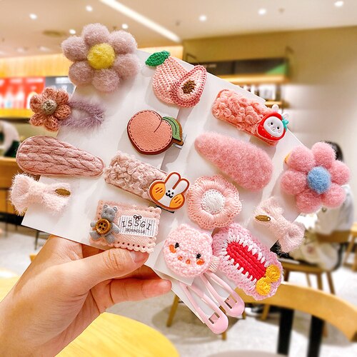 Newest 1set Winter Girls Cartoon Fruit Cashmere Faux Fur Soft Hairpins Sweet Children Hair Clips Kid Hair Accessories: pink flower-17 Pcs