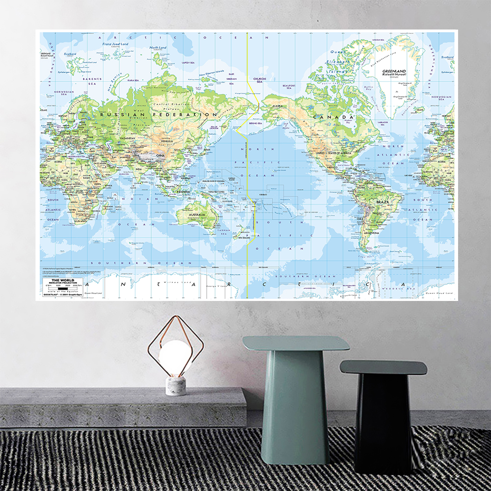 225*150cm The World terrain Map Large Wall Art Poster Non-woven Canvas Painting Kids School Supplies Classroom Home Decor