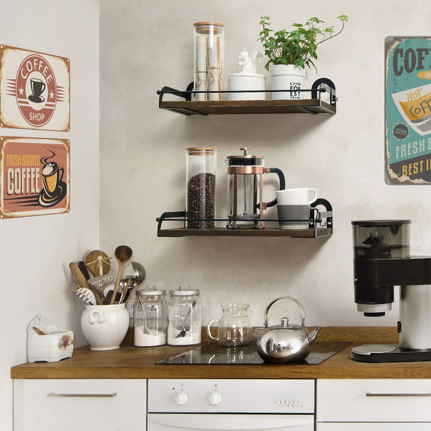 2Pcs Floating Shelves Wall Mounted Storage Holder Rustic Wood Wall Storage Shelves Organizer Kitchen Bathroom Storage Holder