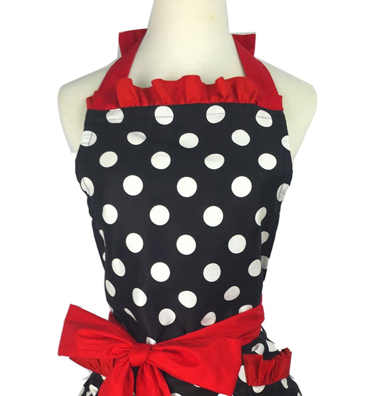 Retro forklæde til kvinder super sød og sjov sløjfe med lomme justerbar bomuld polka prikker sarte hemline madlavningsforklæder