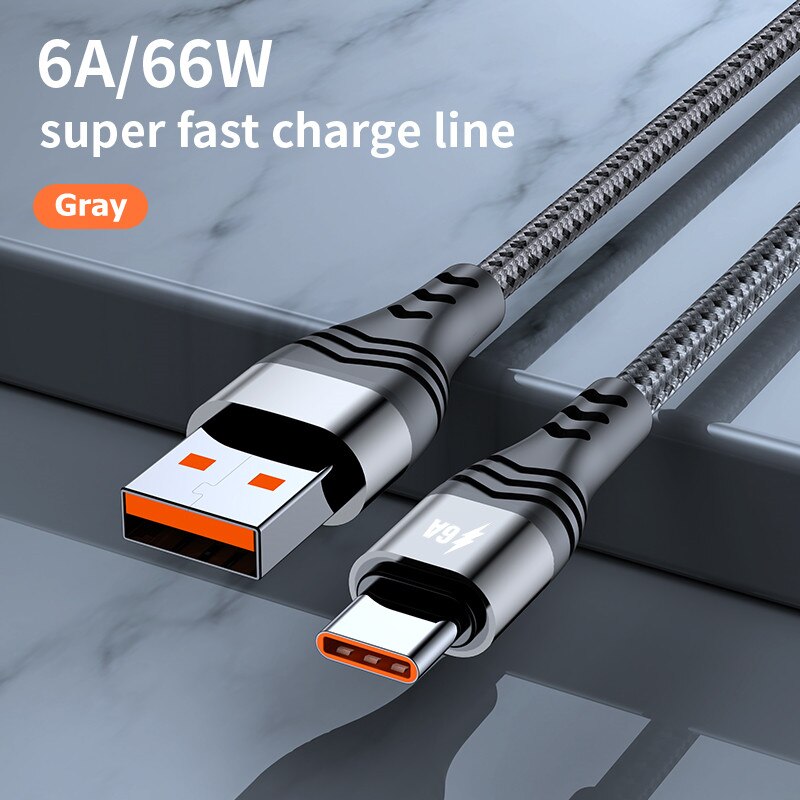 66W Super Snel Opladen Usb C Kabel Data Transfer 6A TYPE-C Kabel Volledig Compatibel Voor Qc/Huawei Scp/Mtk Pecharge/Vooc/Samsung Afc: Gray / 2m