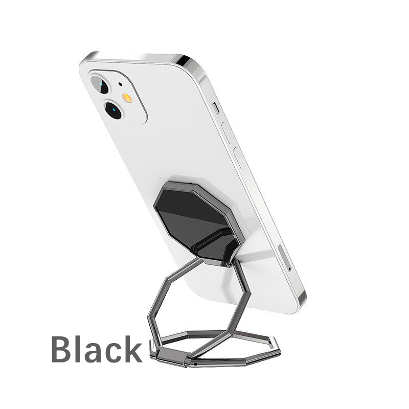 2022 metal zink legering mobiltelefon holder til tablet firkantet folde dobbelt finger ring beslag doven enkelhed praktisk stander: B-sort