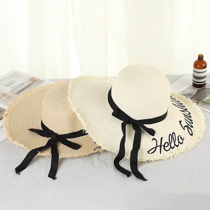 Weave Zon Hoeden Strooien Hoed Zwart Lint Tie Up Caps Voor Vrouwen Zomer Strand Outdoor