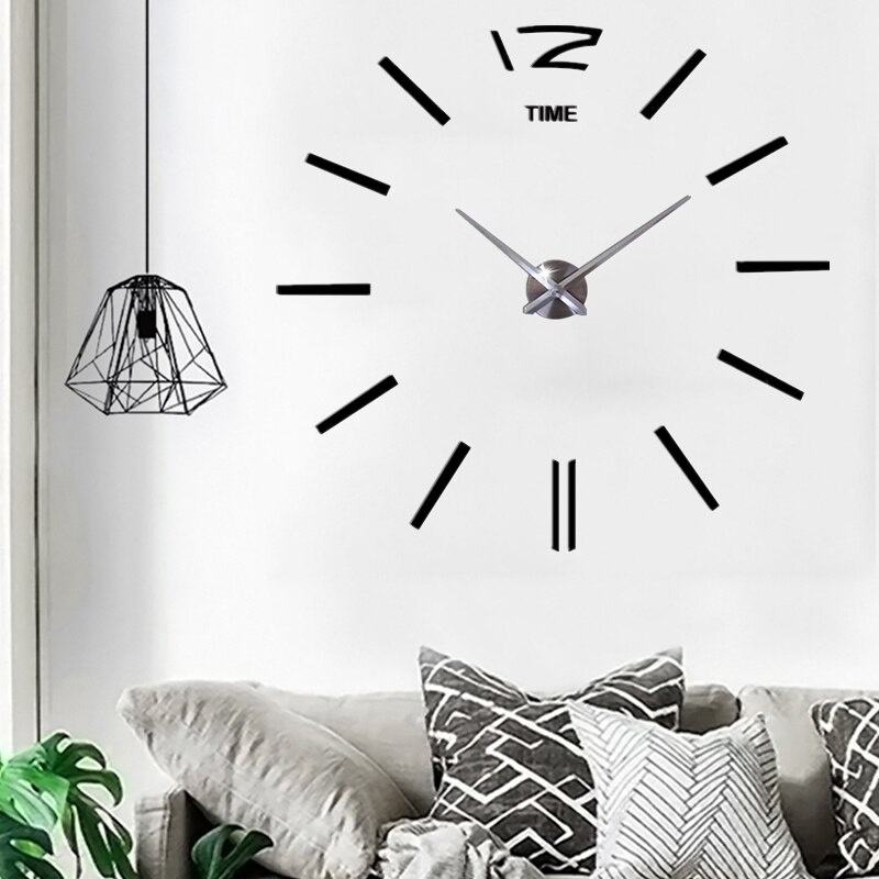 Relógio de parede grande design moderno 3d diy, design adesivo decorativo para sala de estar, espelho acrílico, decoração de home office: Black