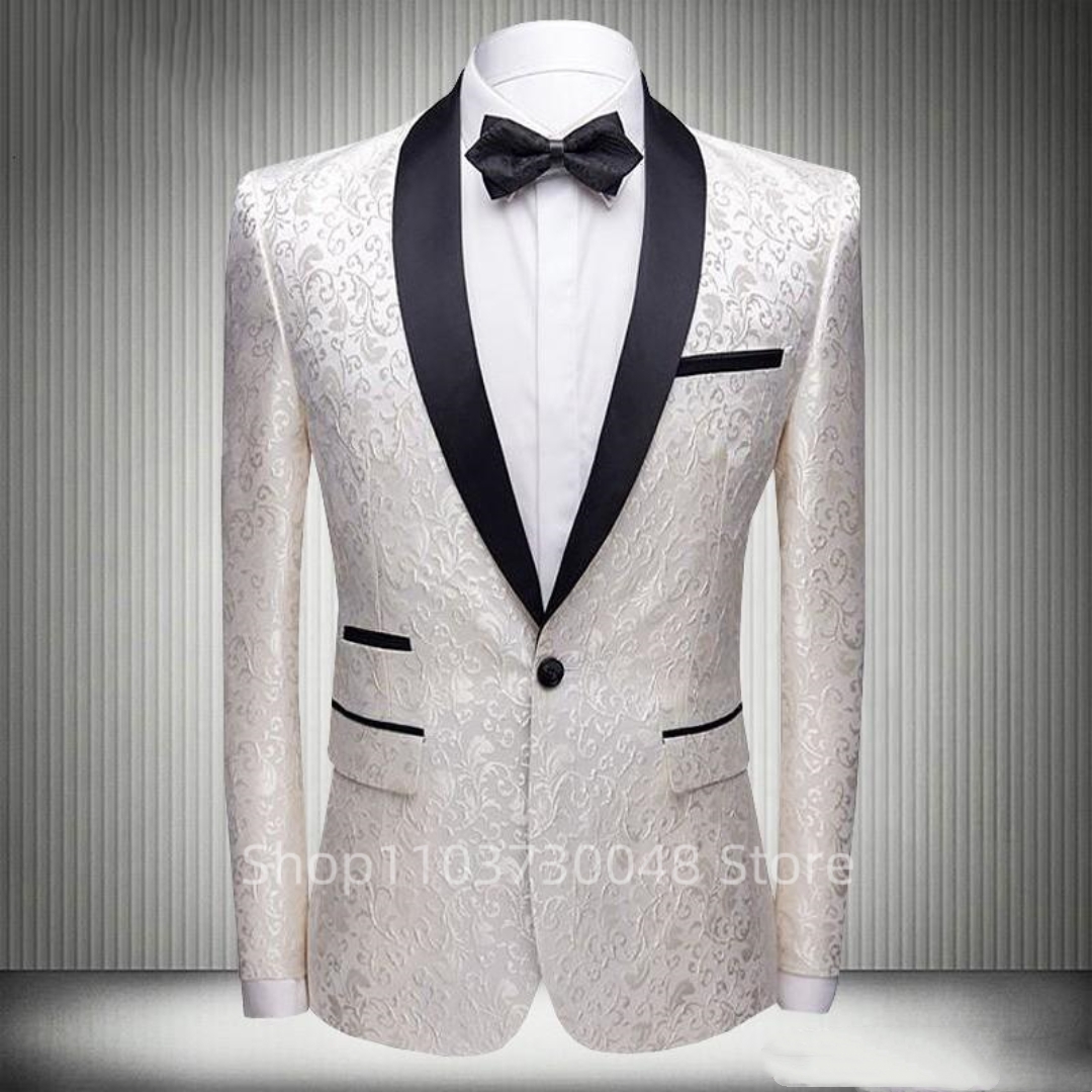 Weißer Jacquard-Blazer für Herren mit Schalkragen, Ein-Knopf-Dinnerjacke, elegante Slim-Fit-Anzugjacke, ein Mantel für die Hochzeitsfeier