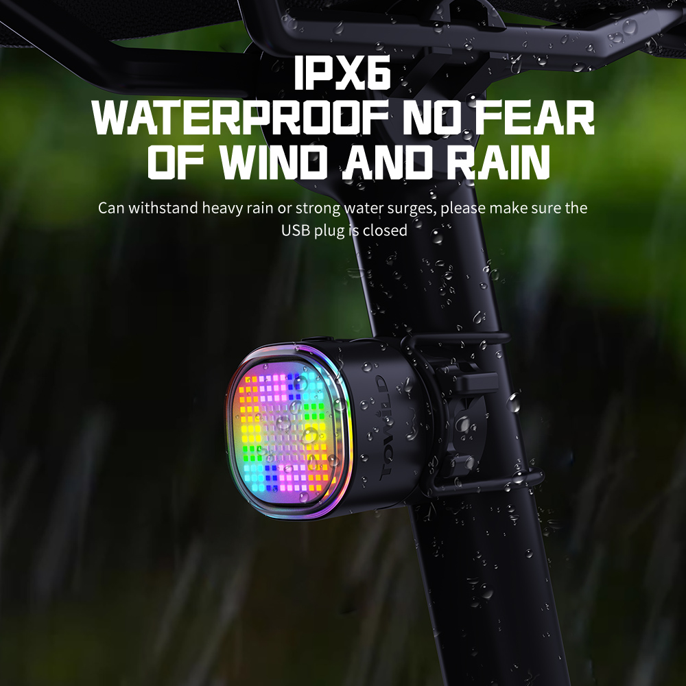 Towld tl08 expressão inteligente lanterna traseira 140 led sensor de freio bluetooth luz traseira da bicicleta personalizável lanternas traseiras