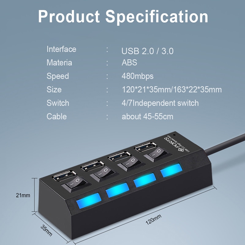 Usb hub 3.0 multi usb multi havn hub usb høyhastighets hab med av / på bryter usb splitter til pc datamaskin eu oss støpsel hub omformer