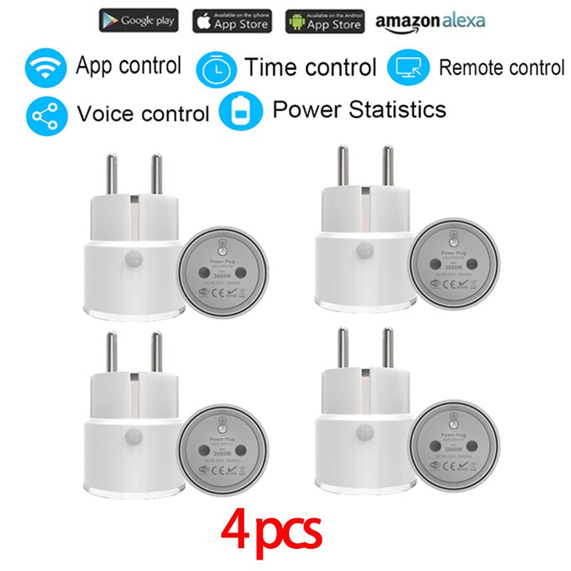 16A/10A Wifi Smart Plug EU Adapter Wireless Remote Voice Control Power Energy Monitor Outlet Timer Socket For Alexa Google Home: 4pcs 16A 3680w