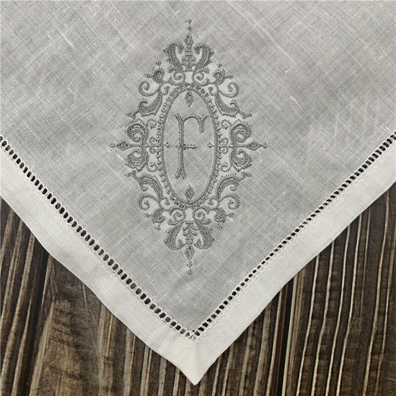 12 Pcs Monogram Zakdoeken Wit Pure Ramee Stof Zakdoeken Hemstitched Grens/Plain Klassieke 13X13-Inch: Letter F Gray