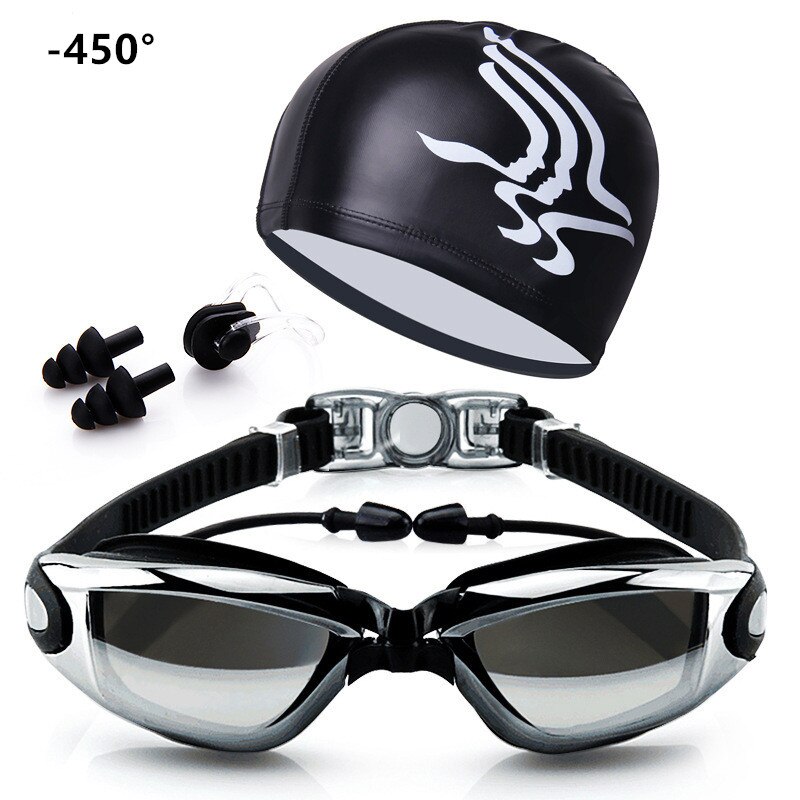 Myopie Schwimmen Brille Mit Hut Ohr Stecker Nase Clip Anzug Wasserdichte Optische Schwimmen Tauchen Gläser Anti-nebel Dioptrien Schwimmen brillen Pool: Black-450