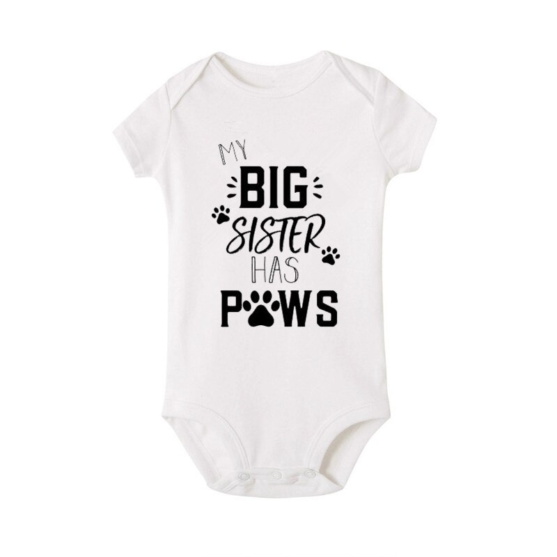 Mijn Grote Zus Heeft Poten Print Baby Bodysuit Zomer Pasgeboren Korte Mouw Katoenen Baby Jongen Meisje Jumpsuit Baby Kleding Outfits 0-18M: WHITE / 3M