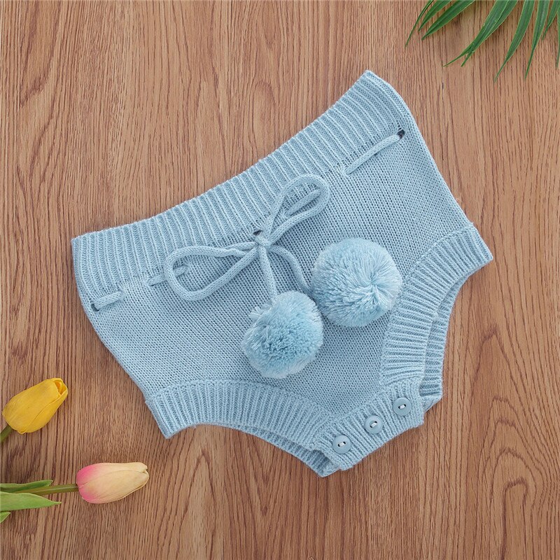 Short en tricot pour bébé, de 0 à 18M, avec bretelles de dessin, de couleur unie, élastique avec boules, bas de fermeture à boutons, pour garçons et filles