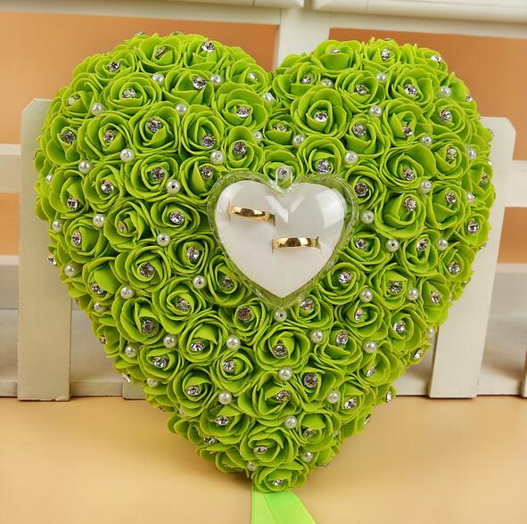 Rose Wedding Ring Kussen met Ring Box Trouwring Houder Toonder Doos Hartvorm Rhinestione Voor Bruiloft Decoratie: green