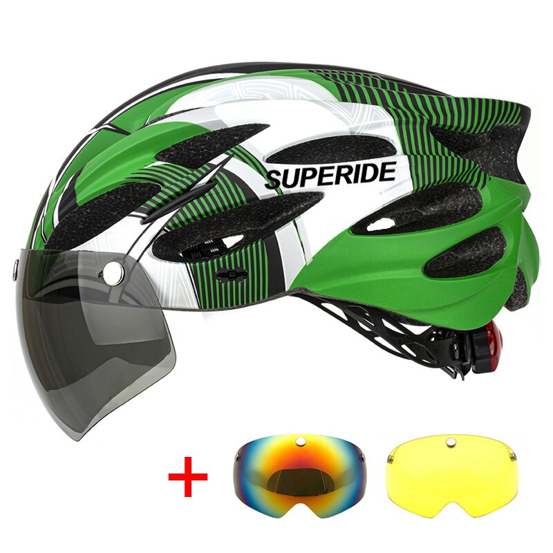 SUPERIDE Outdoor Cycling Helmet with Rearlight Unisex Mountain Road Bike Helmet Sports MTB Bicycle Helmet with Goggles &amp; Visor: Green 3 Lenses
