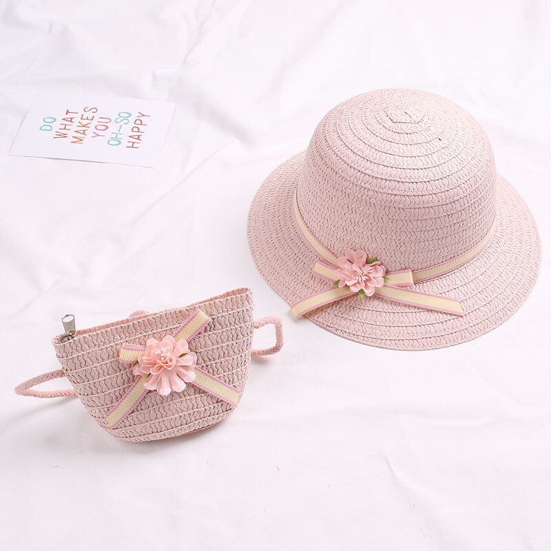 Zomer Baby Bloem Ademend Strohoed Met Handtas Tassen Kids Hoed Jongen Meisjes Zonneklep Uv-bescherming Panama Hoed gorras